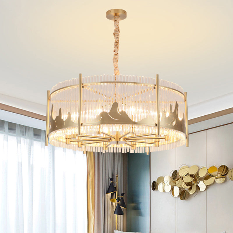 Traditional Prismatic Glass 10-Light Gold Round Chandelier Lamp With Mountain Pattern - Ceiling