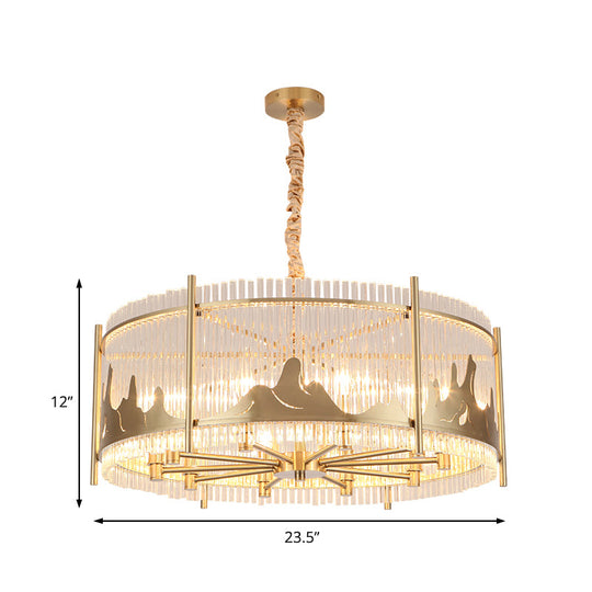 Lustre rond traditionnel : verre prismatique, suspension de plafond dorée à 10 lumières avec motif de montagne