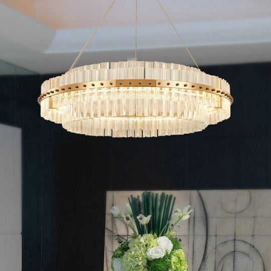 Contemporary Crystal LED Gold Chandelier - 19.5" Diameter, 2-Tier, Adjustable Hanging Cords