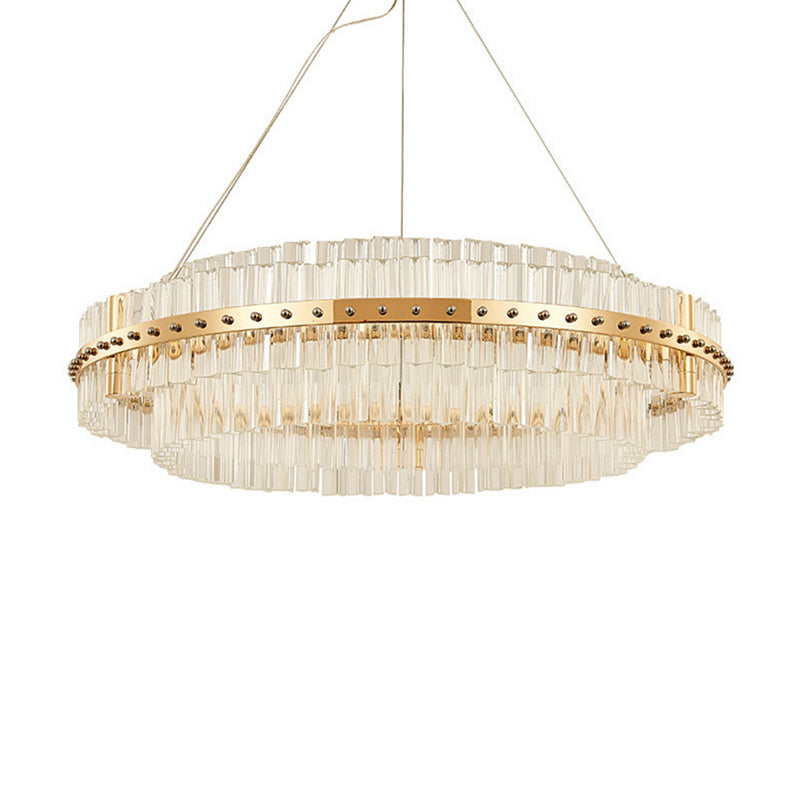 Lustre contemporain en cristal à LED doré - 19,5 po de diamètre, 2 niveaux, cordons de suspension réglables