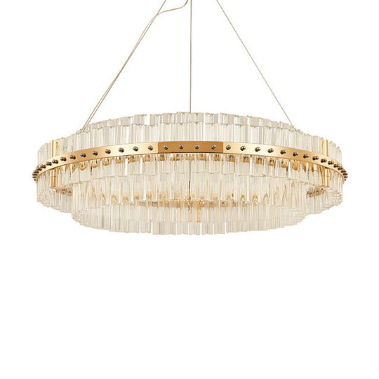 Contemporary Crystal LED Gold Chandelier - 19.5" Diameter, 2-Tier, Adjustable Hanging Cords