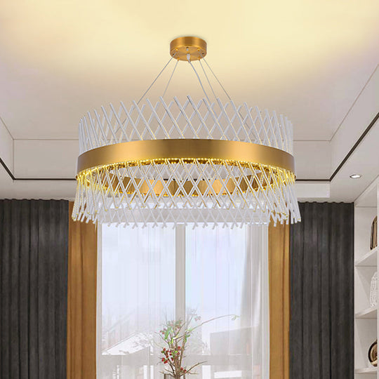 Lustre en maille de cristal de 23,5 pouces avec lumières LED - Élégante suspension en laiton pour salle à manger