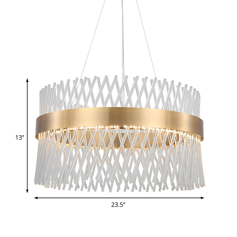 Lustre en maille de cristal de 23,5 pouces avec lumières LED - Élégante suspension en laiton pour salle à manger