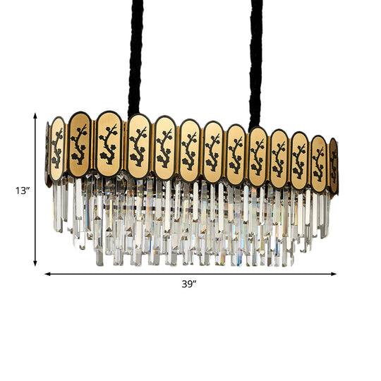 Chinese Style Crystal Shaded Hanging Lamp - 10-Light Gold Island Tiered Oblong Design