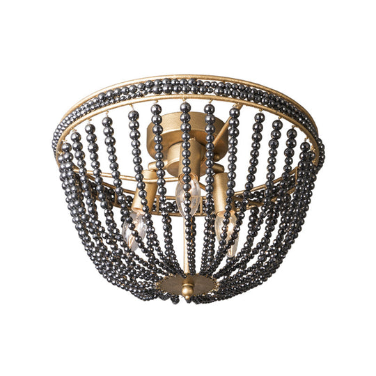 Traditional Beaded Black Crystal Flush Mount Ceiling Lamp - 3-Light Brass Fixture for Bedrooms