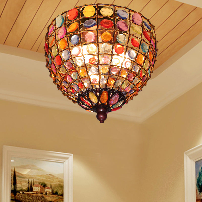 Bohemia Style Iron 3-Light Flush Mount Ceiling Fixture with Weathered Copper Finish and Glass Stands