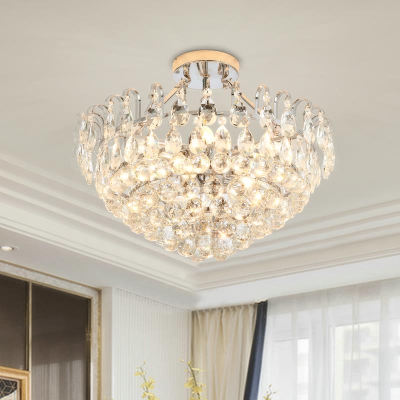 Modern Crystal Semi-Flush Ceiling Lamp with 4 Chrome Lights for Dining Room