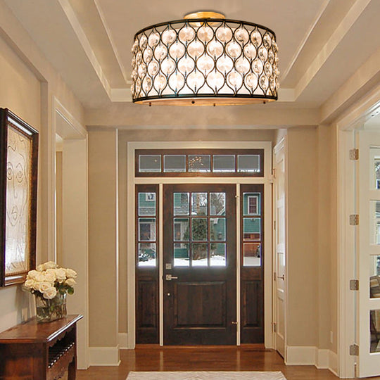 Modern Chicken Wire Iron Frame Semi Flush Light with Crystal Shell - 3 Lights, Bronze Ceiling Lighting for Corridor