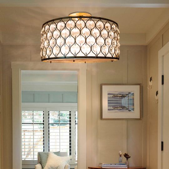 Modern Chicken Wire Iron Frame Semi Flush Light With Crystal Shell - 3 Lights Bronze Ceiling