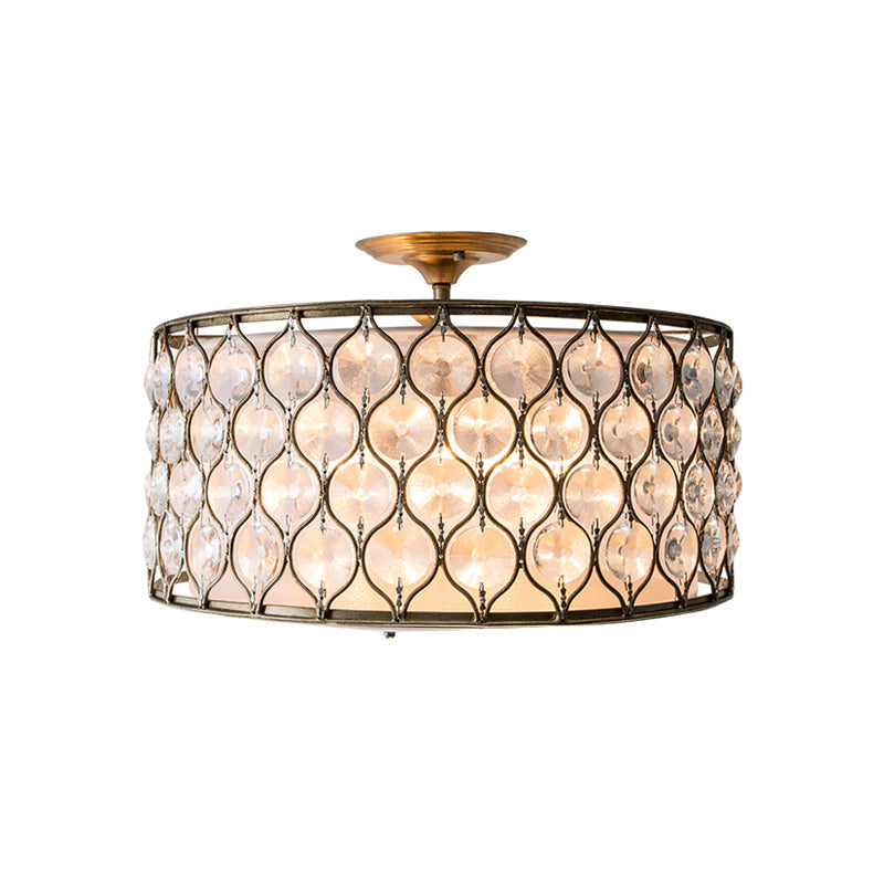 Modern Chicken Wire Iron Frame Semi Flush Light With Crystal Shell - 3 Lights Bronze Ceiling