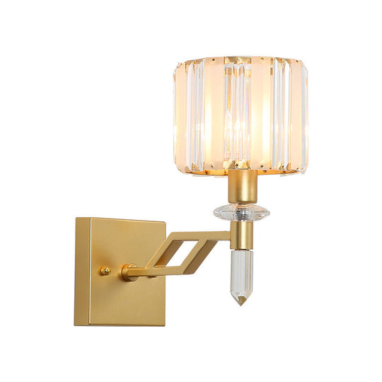 Modern Cylindrical Clear Crystal Wall Sconce With Curved Arm And Black/Gold Finish