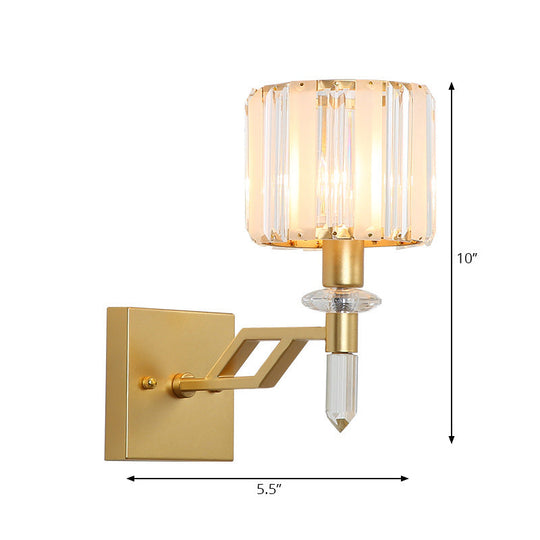 Modern Cylindrical Clear Crystal Wall Sconce With Curved Arm And Black/Gold Finish