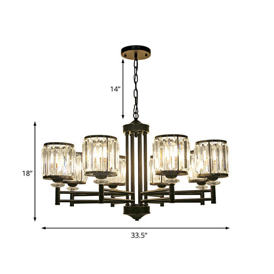 Lustre cylindrique rétro - Finition noire, accent en cristal, chaîne réglable - 3/6/8 lumières