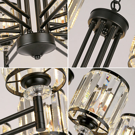 Retro Crystal Pendant Light With Adjustable Chain - Black 3/6/8 Lights