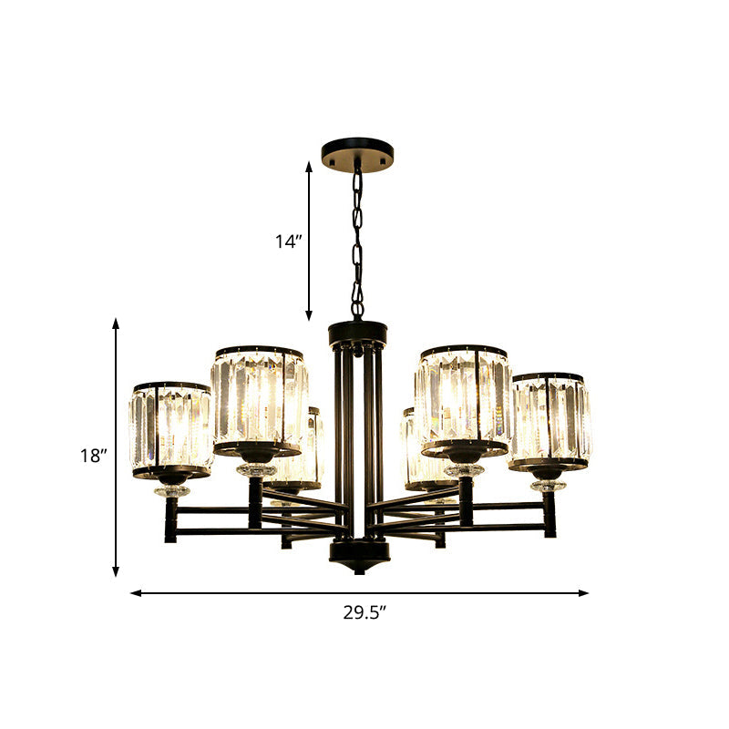 Lustre cylindrique rétro - Finition noire, accent en cristal, chaîne réglable - 3/6/8 lumières