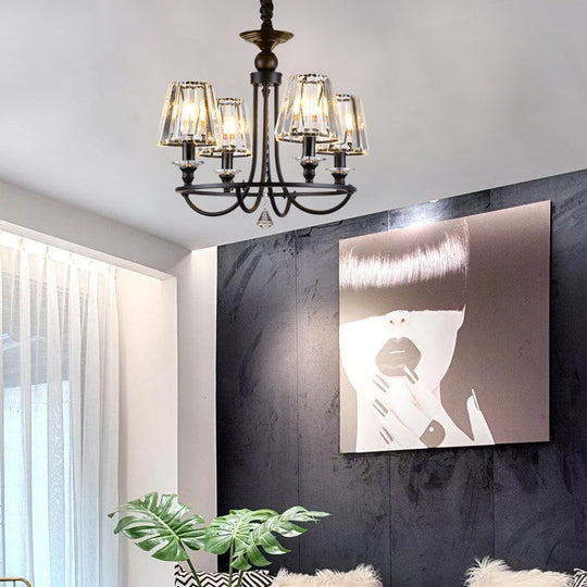 Modern Crystal Pendant Light In Black - Tapered Design 4/6/8 Lights Hanging From Ceiling