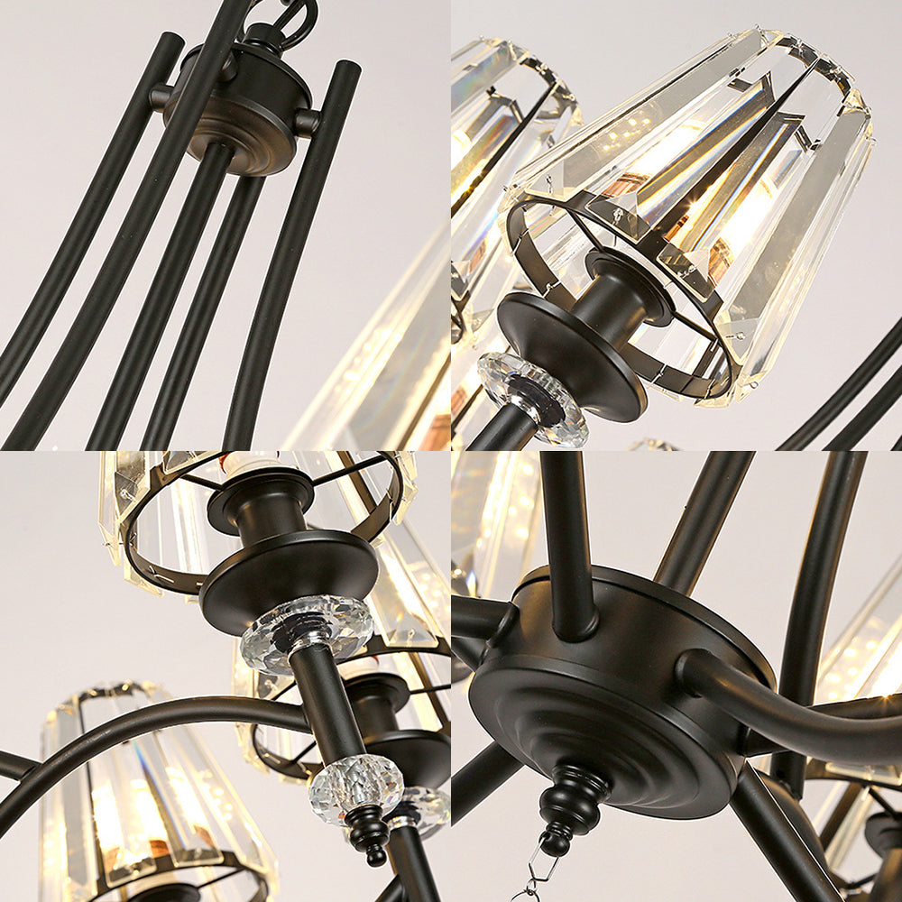 Kit de suspension en cristal contemporain - Design conique, chaîne réglable - 4/6/8 lumières, abat-jour noir