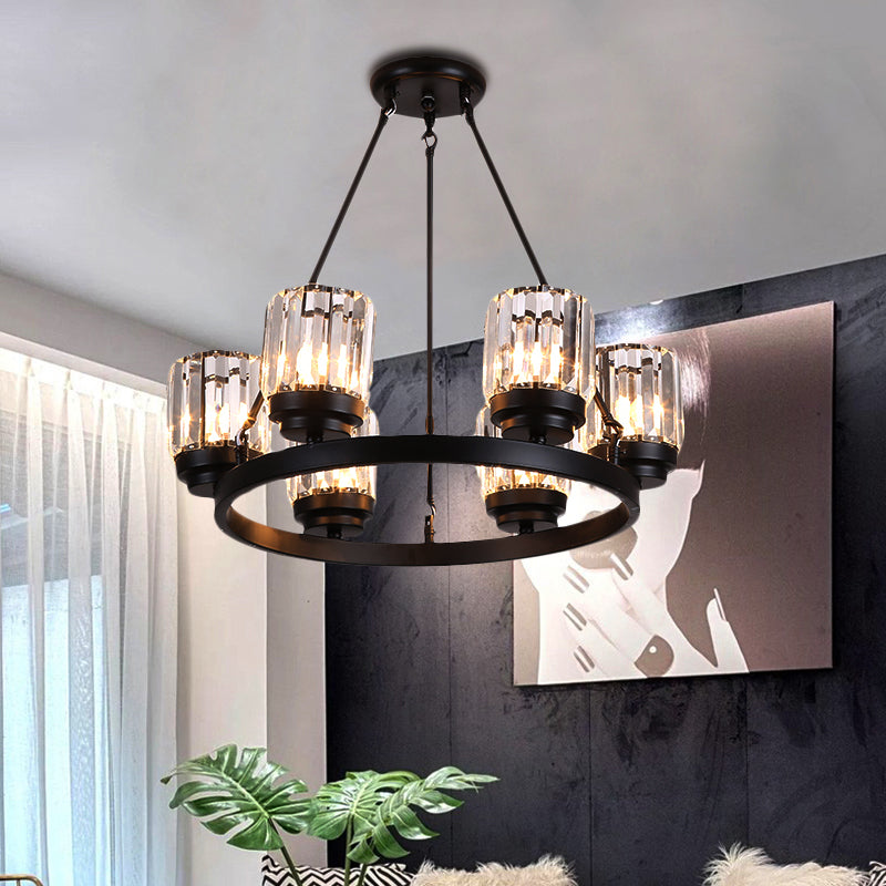 Contemporary Black Bedroom Chandelier With Cylindrical Crystal Shade - 3/6/8 Lights