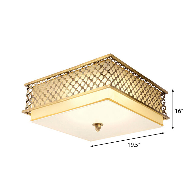 Traditional Square Metal Flushmount Lighting In Brass For Bedroom - 5 Lights 16/19.5 Wide