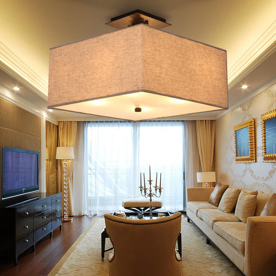 White Rectangle Fabric Semi Flush Mount Ceiling Light with 4 Lights - Elegant Lighting for Living Room