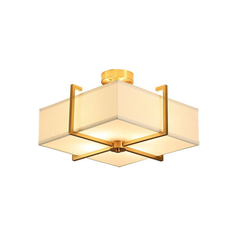 Traditional Brass Semi Flush Ceiling Light Fixture for Living Room with Rectangle Fabric Shade - 4 Lights