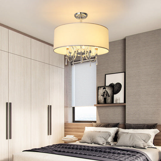 Traditional White Drum Ceiling Light with 5 Paper Semi-Flush-Mounted Bedroom Fixtures