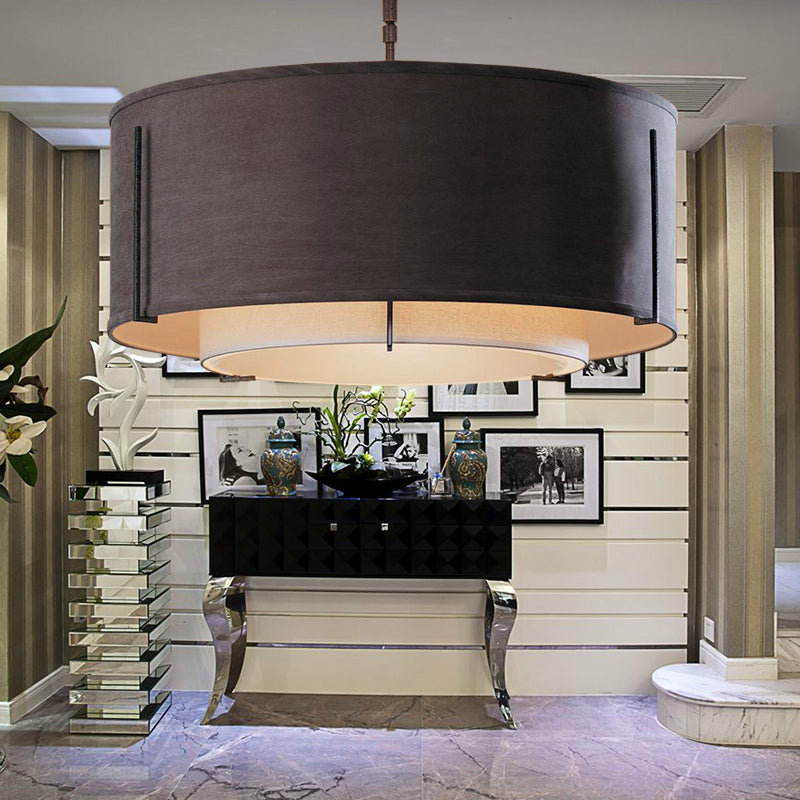 Classic Black Drum Semi Mount Fabric Ceiling Light Fixture - 3/4 Lights, 16"/19.5"/23.5" Wide