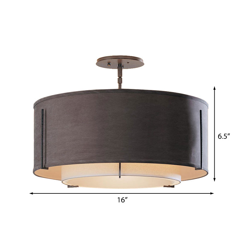 Classic Black Drum Semi Mount Fabric Ceiling Light Fixture - 3/4 Lights 16/19.5/23.5 Wide