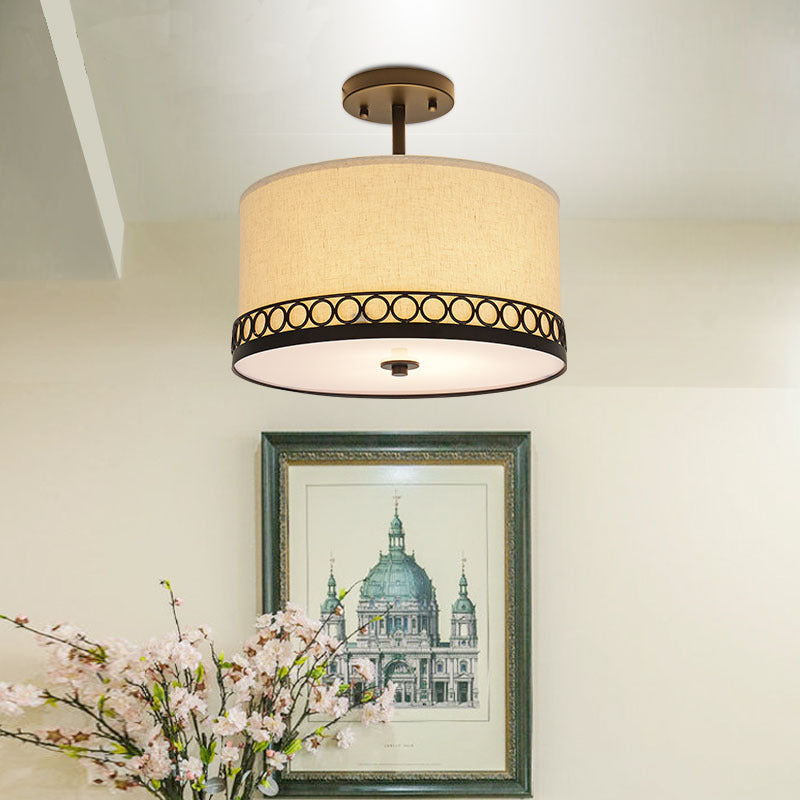 Traditional Fabric Drum Semi-Mount Ceiling Lamp - White, 5 Lights for Living Room