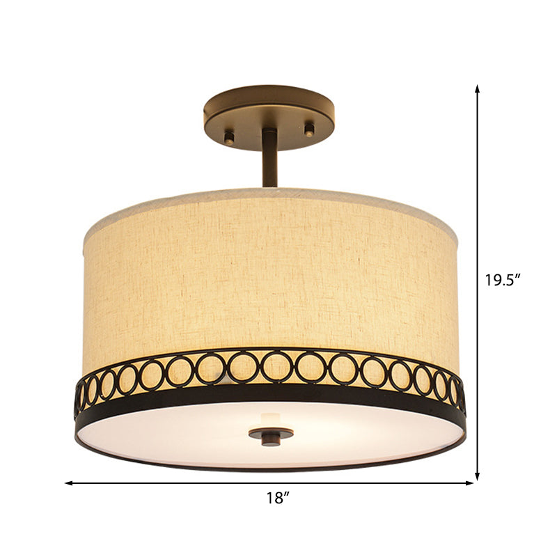 Traditional Fabric Drum Semi-Mount Ceiling Lamp - White, 5 Lights for Living Room