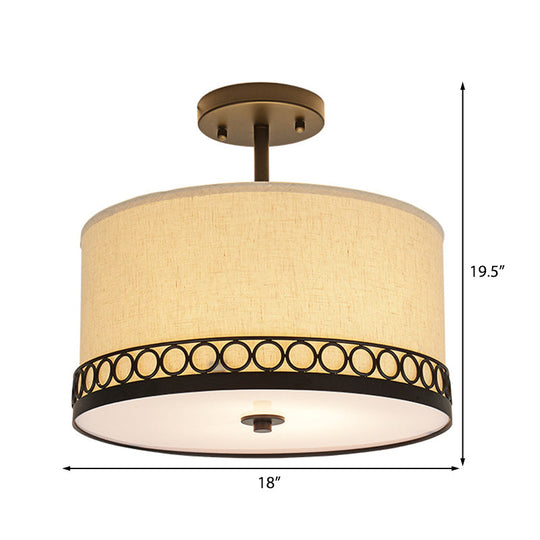 Traditional Fabric Drum Semi-Mount Ceiling Lamp - White, 5 Lights for Living Room