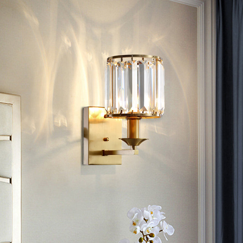 Modern Black/Gold Cylinder Sconce Light Fixture With Crystal Wall Mounted Lighting