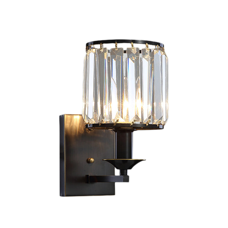 Modern Black/Gold Cylinder Sconce Light Fixture With Crystal Wall Mounted Lighting