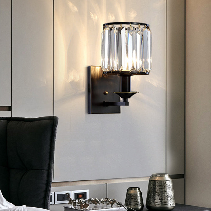 Modern Black/Gold Cylinder Sconce Light Fixture With Crystal Wall Mounted Lighting