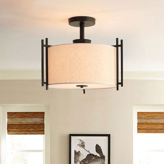 Traditional Flaxen Fabric Drum Ceiling Mount Light for Living Room