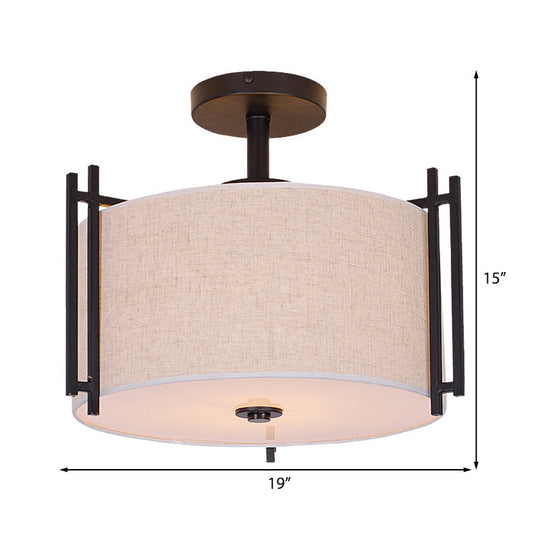 Traditional Flaxen Fabric Drum Ceiling Mount Light for Living Room