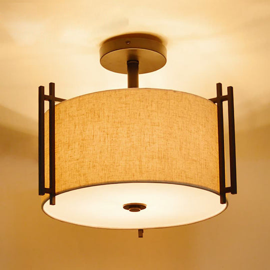 Traditional Flaxen Fabric Drum Ceiling Mount Light for Living Room