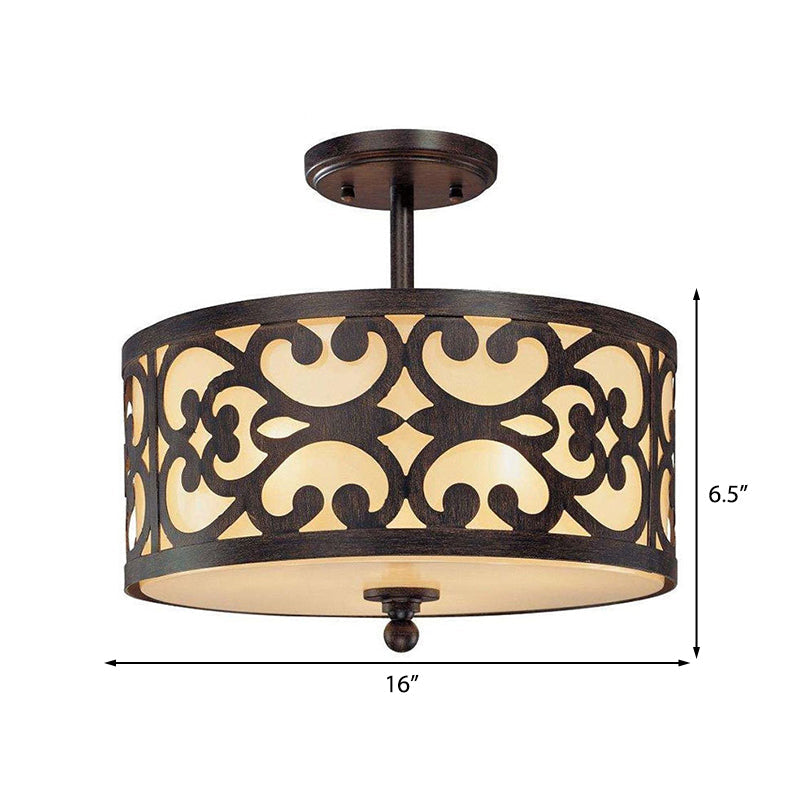 Traditional Drum Metal Ceiling Light In Rust - 4-Light Semi Flush Mount For Living Room Multiple