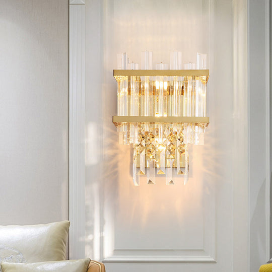 Contemporary Crystal Wall Sconce: Brass/Chrome Linear 3-Light Fixture