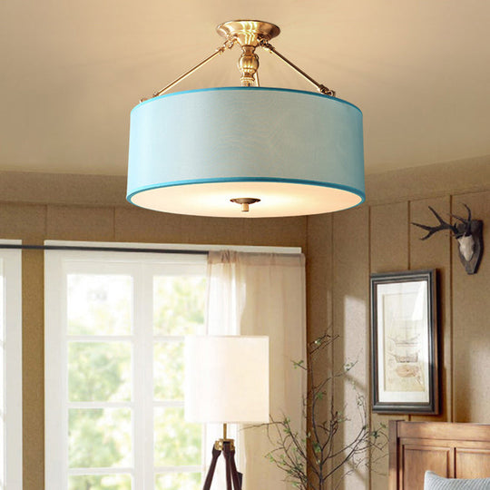 Blue Fabric Drum Semi Flush Ceiling Light with 4 Lights for Corridor