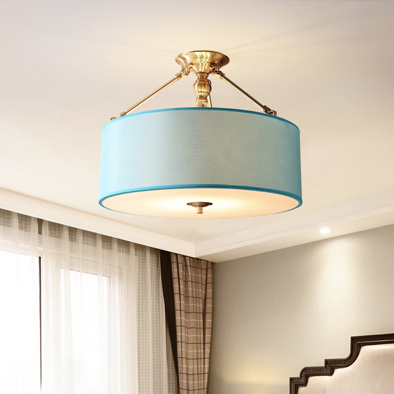 Blue Fabric Drum Semi Flush Ceiling Light with 4 Lights for Corridor