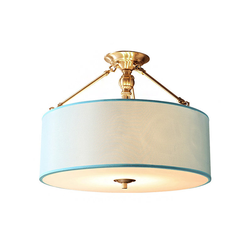 Blue Fabric Drum Semi Flush Ceiling Light with 4 Lights for Corridor