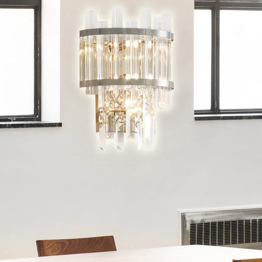 Contemporary Brass/Chrome Tiered Sconce Light - 3-Light Crystal Wall Mounted Lighting For Dining