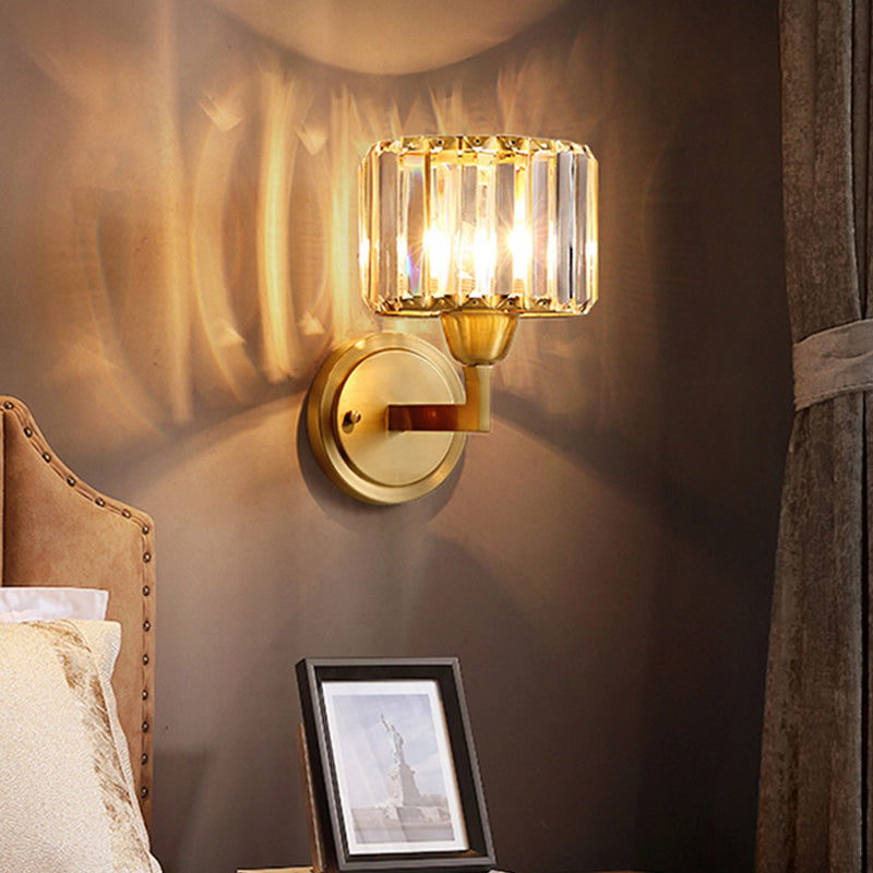 1-Light Wall Mounted Brass Drum Sconce With Crystal Shade - Simple And Elegant Lighting Fixture