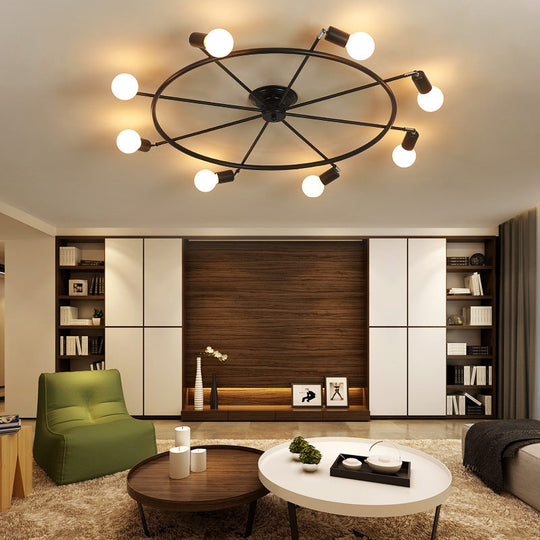 Traditional Metal Semi Flush Ceiling Light with 8 Black Wheel-Shaped Lights - Perfect for Living Room