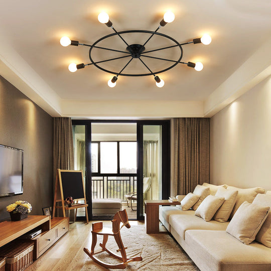 Traditional Metal Semi Flush Ceiling Light with 8 Black Wheel-Shaped Lights - Perfect for Living Room