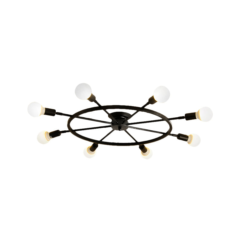 Traditional Metal Semi Flush Ceiling Light with 8 Black Wheel-Shaped Lights - Perfect for Living Room