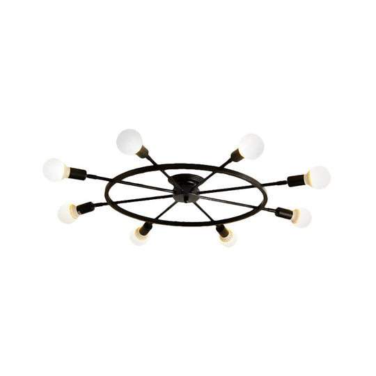 Traditional Metal Semi Flush Ceiling Light with 8 Black Wheel-Shaped Lights - Perfect for Living Room