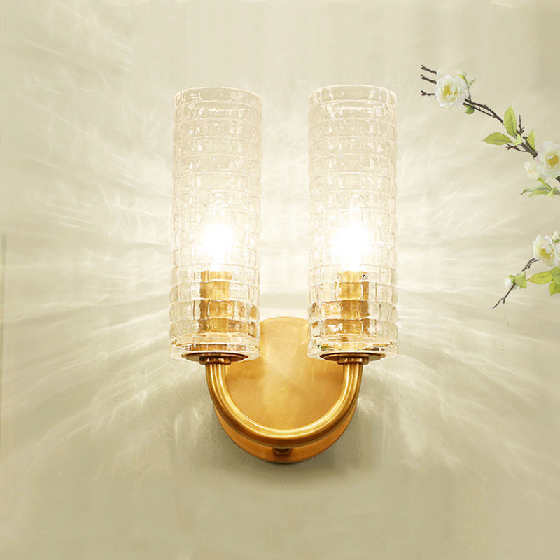 Modern Brass Tubular Flush Mount Wall Sconce With Crystal Accents: 2-Light Fixture & Curved Arm