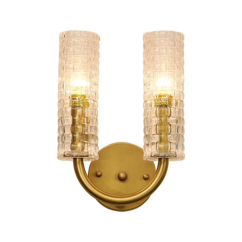 Modern Brass Tubular Flush Mount Wall Sconce With Crystal Accents: 2-Light Fixture & Curved Arm